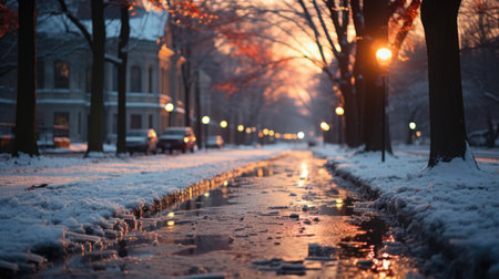 Twilight Glow on Snowy Suburban Street in Winter Eveningの素材