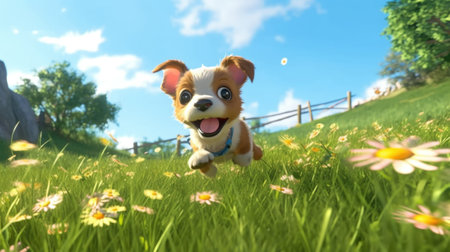 Joyful Dog Playing in a Sunny Daisy Meadowの素材