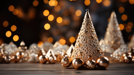 Miniature Christmas Tree with Golden Ornaments and Warm Lightsの素材
