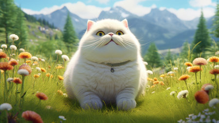 Playful Cat Enjoying a Sunny Flower Meadowの素材