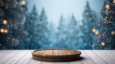 Wooden Tray on Table with Snowy Winter Forest Backgroundの素材