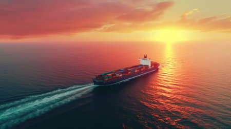 Container Ship Sailing Past Green Mountainous Coastlineの素材