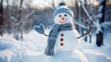 Snowman with Hat and Scarf Smiling in Winter Wonderlandの素材