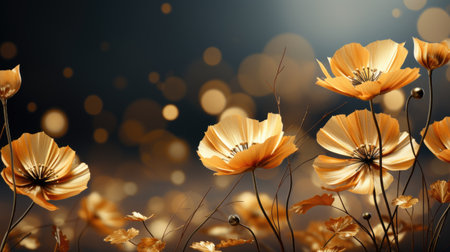 Ethereal Golden Flowers Blooming in Tranquil Bokeh Lightの素材