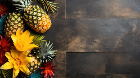 Vibrant Exotic Pineapples Amidst Lush Floral Arrangement on Dark Surfaceの素材