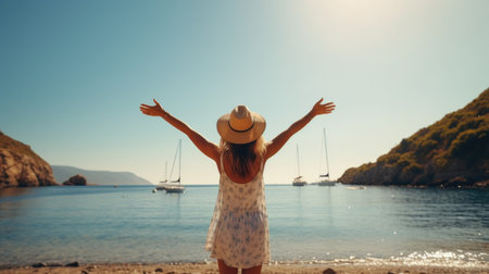 Joyful Woman with Arms Raised Embracing Summer Beach Freedomの素材