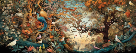 Vintage Artistic Rendering of Birds Amongst Blossoming Floral Branchesの素材