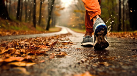Hiking Boots Treading Through Autumn Leaves and Waterの素材