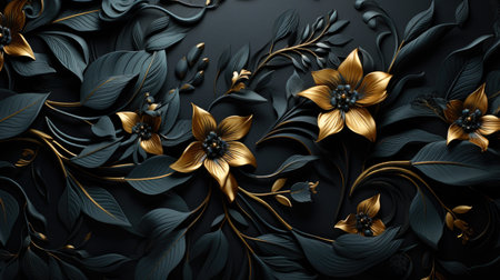 Luxurious Golden Floral Design on Elegant Black Backgroundの素材