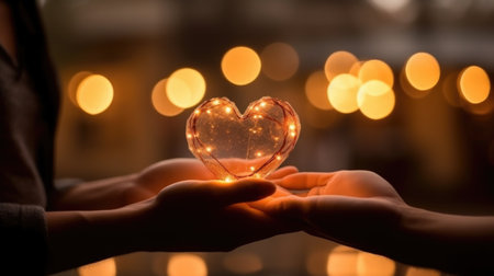 Hands Holding Glowing Heart Amidst Warm Bokeh Lightsの素材