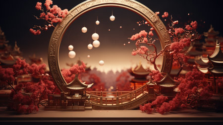 Serene Chinese Pagoda and Blossoms in Lunar New Year Displayの素材