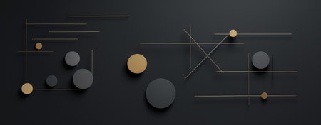 Minimalist Geometric Shapes with Golden Accents on Dark Background.の素材