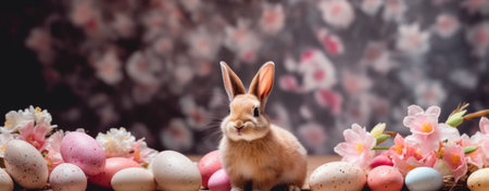 Adorable Easter Bunny Among Pastel Eggs and Spring Flowers.の素材