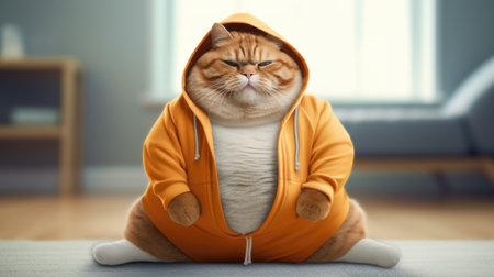 Cat in Tracksuit Meditates in Yoga Class Setting.の素材