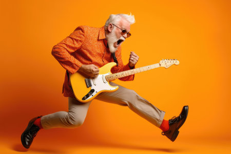 Senior Rocker Playing Electric Guitar with Fiery Enthusiasm.の素材