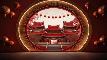 Serene Chinese Pagoda and Blossoms in Lunar New Year Displayの素材