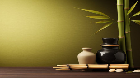 Serene Zen Bamboo Setup with Ceramic Vases on Wood.の素材