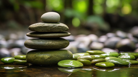Zen Stone Stack by Water, Symbol of Balance and Calm.の素材