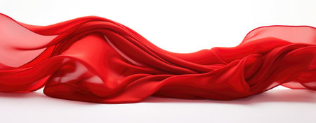 Elegant Wavy Red Satin Fabric Flowing on White Backgroundの素材