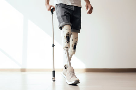 Man Walking Confidently with Advanced Prosthetic Leg Technology.の素材