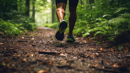 Close-up of Running Shoes on Forest Trail in Nature.の素材