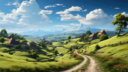 Idyllic Countryside Amidst Lush Green Fields Under Blue Skyの素材