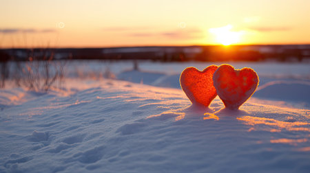 Two Red Hearts in Snow at Winter Sunset Romanceの素材