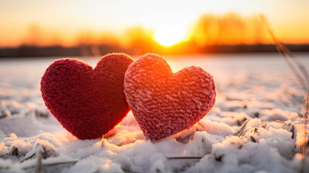 Two Red Hearts in Snow at Winter Sunset Romanceの素材