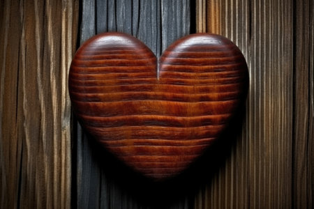 Carved Wooden Heart Against Striped Wood Background Valentine.の素材