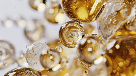 Golden Skincare Oil Drops with Air Bubbles on White Backgroundの素材