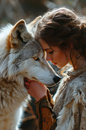Woman and Wolf in Serene Wilderness Companionship.の素材