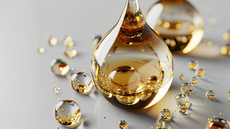 Golden Skincare Oil Drops with Air Bubbles on White Background Generative AI.の素材