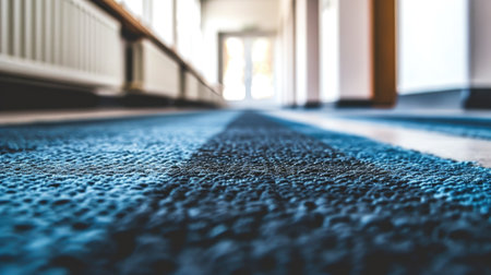 Macro shot of a deep blue carpet texture with the soft natural light from a window and a radiator in the background.の素材