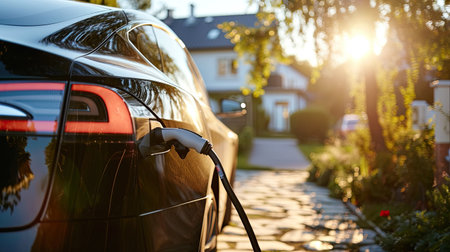 An electric car plugged in and charging in a home driveway, bathed in the warm glow of the setting sun.の素材