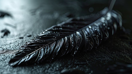 A close-up image of a dark feather with delicate water droplets highlighting its intricate texture.の素材