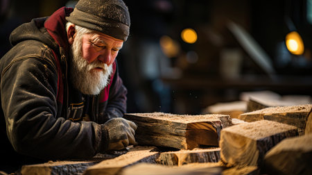 An experienced carpenter attentively planes a piece of wood, sending sparks and shavings flying.の素材