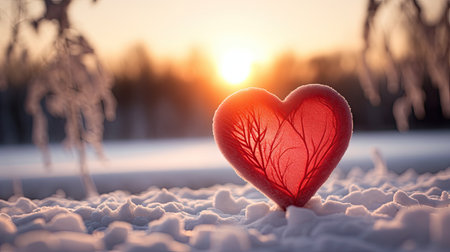A translucent red heart standing in the snow, backlit by the warm light of a setting sun, evokes a sense of romantic winter warmth.の素材