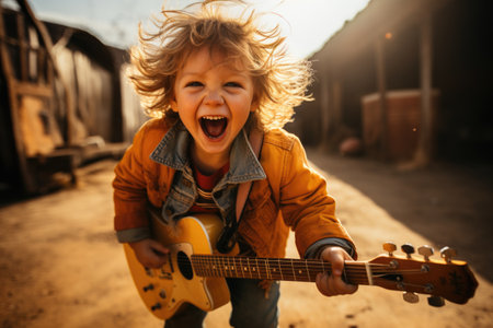 A young child with wild curly hair joyfully plays a guitarの素材