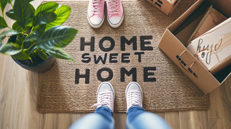 A 'Home Sweet Home' welcome mat at the entrance of a new home, signaling a fresh start.の素材