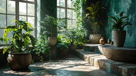 A peaceful garden scene with lush potted plants basking in the gentle morning sunlight.の素材
