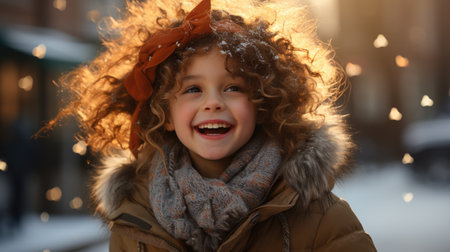 A radiant young girl with curly hair laughs joyfully as snowflakes fall around her in the winter sun.の素材
