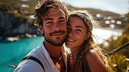 A smiling couple captures a selfie with a stunning coastal backdrop.の素材
