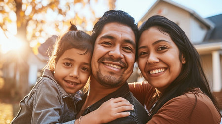 A joyful family shares a warm embrace outside their home in the sunlight.の素材