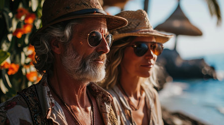 An elderly couple smiles radiantly against a beautiful seaside backdrop.の素材