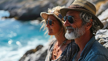 An elderly couple smiles radiantly against a beautiful seaside backdrop.の素材