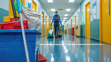 Professional Janitorial Staff Cleaning and Maintaining Public Corridor. A.I.の素材