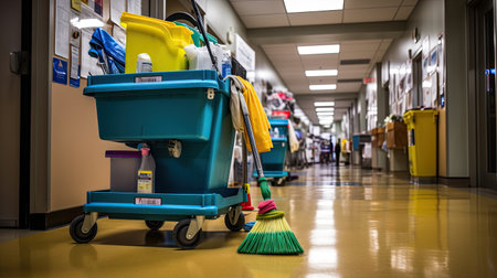 Professional Janitorial Staff Cleaning and Maintaining Public Corridor. A.I.の素材