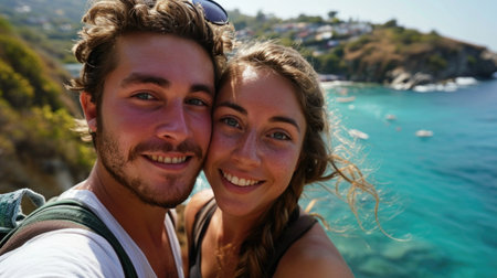 A smiling couple captures a selfie with a stunning coastal backdrop.の素材