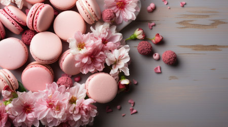 A delicate arrangement of cherry blossoms and colorful heart-shaped macarons for Valentine's Day.の素材