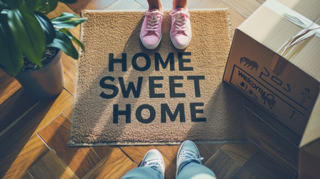 A 'Home Sweet Home' welcome mat at the entrance of a new home, signaling a fresh start.の素材